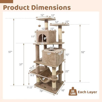 DORTALA 57" Tall Cat Tree, Multi-Level Cat Tower with 2 Large Condos, Sisal Scratching Posts, Top Perch, Hammock, Pet Play House Climbing Furniture for Indoor Adult Cats & Kittens (Coffee)