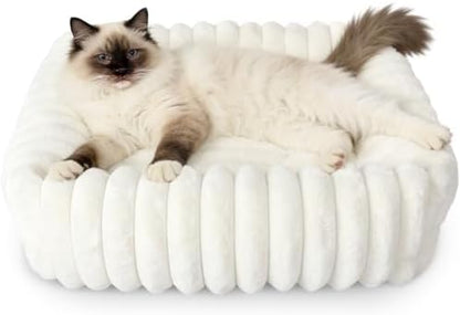 Square Cat Beds for Indoor Cats - Washable Small Dog Beds for Small Dogs, Rectangle Corduroy Fleece Pet Bed with Sides and Nonskid Bottom, Calming Fluffy Puppy Bed Soft Pet Sofa 20x19x5inchs, Cream