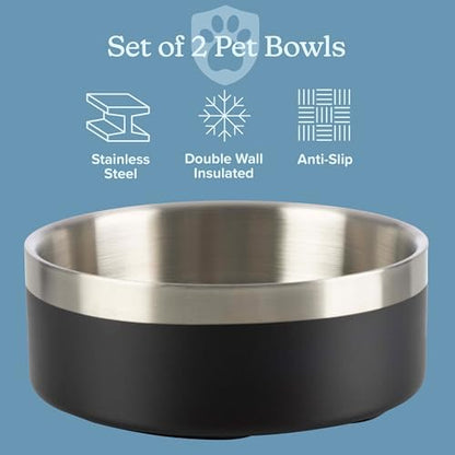 Set of 2 Stainless Steel Dog Bowls - 32oz/4 Cups Double Wall Insulated Food and Water Bowls for Dogs and Cats, Non Slip Metal Pet Dishes for Small-Medium Pets, Puppy Essentials by PETMAKER (Black)
