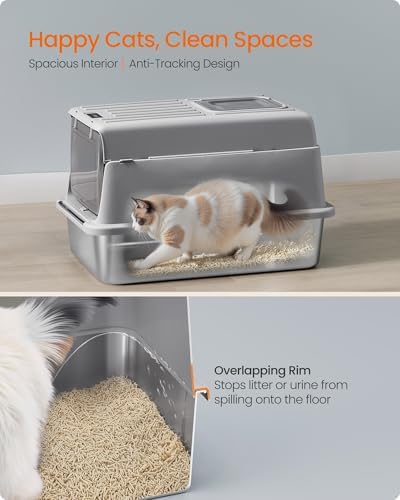 Feandrea Stainless Steel Cat Litter Box with Flip Lid, 2 Doors, Scoop