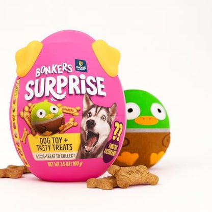 Bonkers Surprise Blind Box Collectible Plush Dog Toy with Chicken Flavored Biscuit Crunchy Treats for Dogs, 3.5 oz