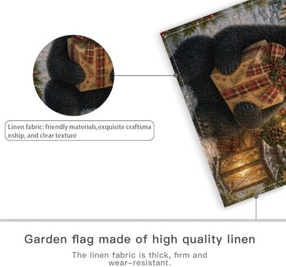 Christmas Black Bear House Flag 28x40 Inch Merry Holiday Cub Gift Tree Lantern Snowy Forest Rustic Farmhouse Outdoor Yard Lawn Porch Double Sided Banner Winter Welcome Decor