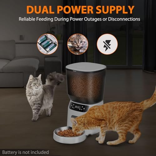 Automatic Cat Feeder, Cat Food Dispenser with Stainless Steel Bowl, Timed Portion Control 20 Portions 6 Meals Per Day, Voice Recorder, Dual Power Supply for Small Dogs (White)