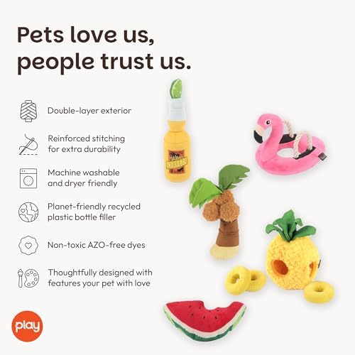 P.L.A.Y. Cute Plush Dog Toys - Tropical Paradise Summer Pool Themed Durable Squeaker Chew Toys, Great for Puppies & Small, Medium, Large Dogs - Machine Washable, Recycled Materials (5 Piece Set)