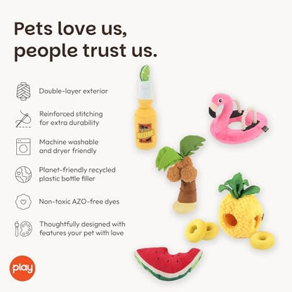 P.L.A.Y. Cute Plush Dog Toys - Tropical Paradise Summer Pool Themed Durable Squeaker Chew Toys, Great for Puppies & Small, Medium, Large Dogs - Machine Washable, Recycled Materials (5 Piece Set)