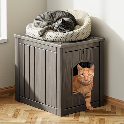 Cat Litter Box Enclosure, Resin Hidden Litter Box Furniture Side Table with Openable Front Door, Weatherproof Indoor & Outdoor Cat Litter Box Cabinet, Raised Floor, Easy to Clean & Assemble, Gray