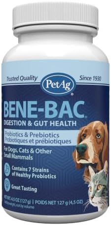 PetAg Bene-Bac Plus Pet Powder with FOS and Probiotics - Recommended for All Animals Subjected to Adverse Conditions - 4.5 oz