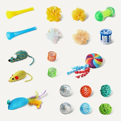 Amazon Basics Cat Toy Set, 20 Piece Variety Pack with Teaser, Ball, Feather, Spring