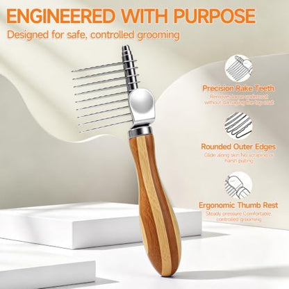 Pet Dematting Comb for Dogs & Cats, 45° Stainless Steel Undercoat Rake Removes Mats, Knots, Tangles & Loose Fur, Grooming Brush for Long & Short Haired Pets, Ergonomic Natural Bamboo Handle