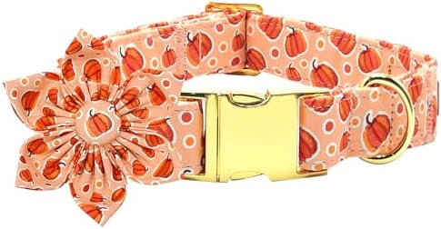 Dog Collar Halloween Fall Orange Pumpkin Print Pet Collar Soft Cute Dog Collars with Flower Adjustable Metal Buckle Collar for X-Large Dogs