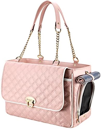 Fashion Dog Purse Carrier for Small Dogs with 2 Super-Large Pockets, Holds Up to 10lbs PU Leather Pet, Cat Carrier, Airline Approved Puppy Purse for Travel (Pink, Small Size)