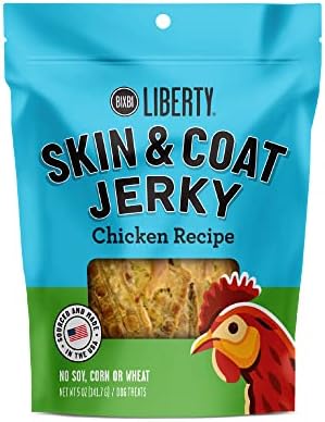 BIXBI Liberty Skin & Coat Support Chicken Jerky Dog Treats 5 oz - USA Made, Grain Free, Antioxidant Rich to Support Shiny, Full Bodied Coats