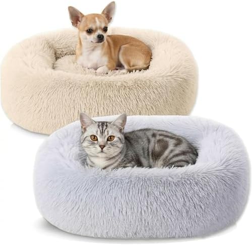 2-Pack Small Calming Dog & Cat Bed Anti Anxiety Fluffy Plush Pet Beds with Anti-Slip Bottom Machine Washable Interchangeable Pet Bed for Kittens & Puppies(Cream and Light Gray,21x16.5 Inch)