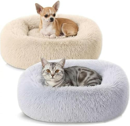 2-Pack Small Calming Dog & Cat Bed Anti Anxiety Fluffy Plush Pet Beds with Anti-Slip Bottom Machine Washable Interchangeable Pet Bed for Kittens & Puppies(Cream and Light Gray,21x16.5 Inch)