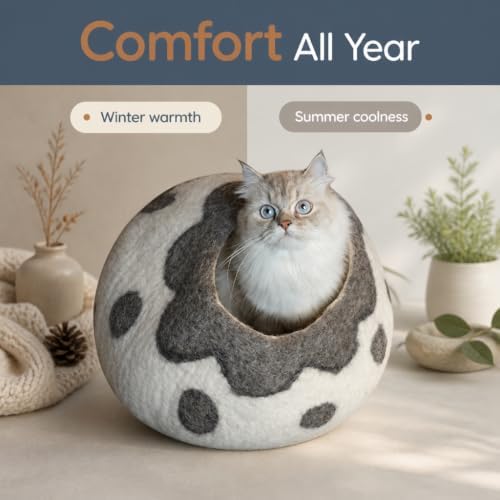 Cat Cave Bed - Gray White Handmade Felted Wool, Large Covered Cozy Cocoon, Indoor Hideaway Igloo House, Also Perfect Kitten Gift, By Earthtone Solutions (Cozy Pueblo)