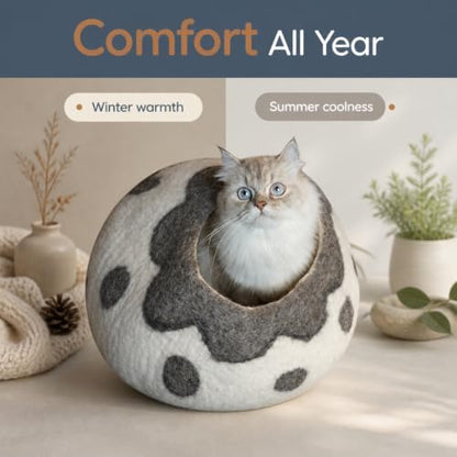 Cat Cave Bed - Gray White Handmade Felted Wool, Large Covered Cozy Cocoon, Indoor Hideaway Igloo House, Also Perfect Kitten Gift, By Earthtone Solutions (Cozy Pueblo)