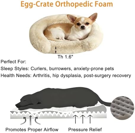 Calming Dog & Cat Beds with Orthopedic Egg-Crate Foam Raised Rim, Soft Fluffy Faux Fur Pet Bed for Small Medium Dogs, Anxiety Relief Spine Support, Machine Washable Cover (Round, Beige 20")