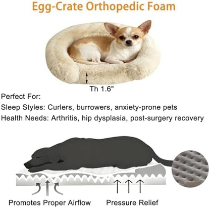 Calming Dog & Cat Beds with Orthopedic Egg-Crate Foam Raised Rim, Soft Fluffy Faux Fur Pet Bed for Small Medium Dogs, Anxiety Relief Spine Support, Machine Washable Cover (Round, Beige 20")