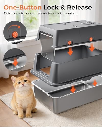 GTPLAYER XXL Stainless Steel Cat Litter Box with Lid, High Sided Enclosed Cat Litter Box, Activated Carbon Odor Control, Extra Large Metal Litter Box, Anti-Leak, with Mat, Scoop & Stickers, Gray