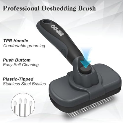Dipoo Self-Cleaning Deshedding Brush for Dogs & Cats - Skin-Friendly Grooming Tool with Hair Brush for Long and Short Haired Pets, Grey