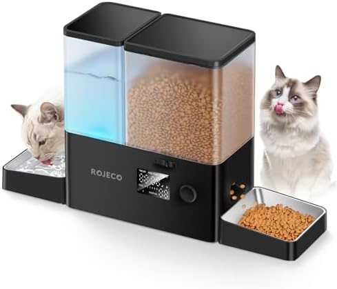 ROJECO Automatic Cat Feeder & Water Dispenser,Button Customizable Feeding