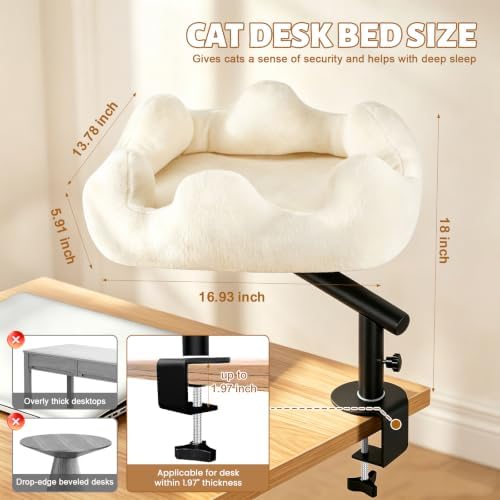 Cat Desk Bed, 360° Rotatable Adjustment Desk Cat Bed, Supports 40 lb, Detachable & Washable Cat Bed for Desk with Soft Faux Fur, for Remote Workers, Office Staff and Gamers