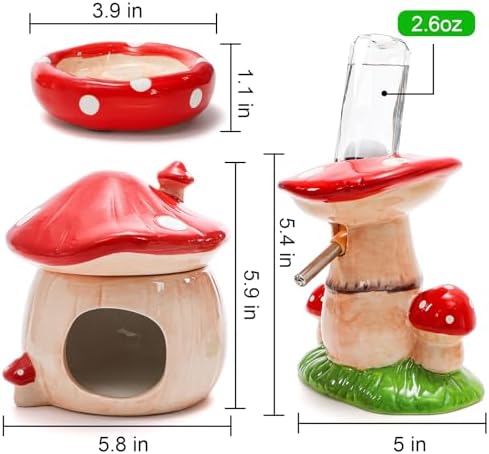 Hacaroa 3 Pack Ceramic Hamster Hideout, Mushroom Shape Guinea Pig Food Bowl Cute Water Bottle with Stand, Cool Hamster Bed House Small Animal Cage Accessories for Dwarf Hamsters, Mice, Gerbils