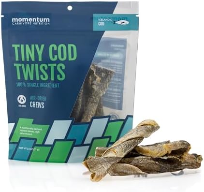 Momentum Carnivore Nutrition Tiny Cod Twists Dog Chews – Single Ingredient Icelandic Cod Skin Treats – Natural Dental Support, High-Protein Fish Chews – 3.1 oz Bag
