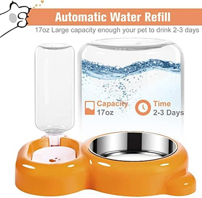 Dog Bowls, Cat Food and Water Bowl Set with Water Dispenser and Stainless Steel Bowl for Cats and Small Dogs - Orange