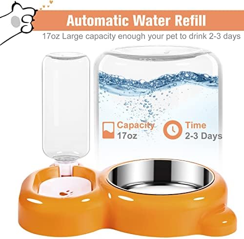 Dog Bowls, Cat Food and Water Bowl Set with Water Dispenser and Stainless Steel Bowl for Cats and Small Dogs - Orange