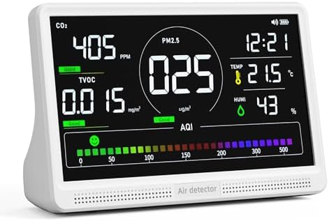 Fil-Fresh 16 in 1 Air Quality Monitor Indoor, CO2 Monitor Air Quality Tester with 9 Display+7 AQI Alerts for CO2, TVOC, HCHO, PM2.5, PM1.0, PM10, Time, Temperature, Humidity Meter, 7" Large Display