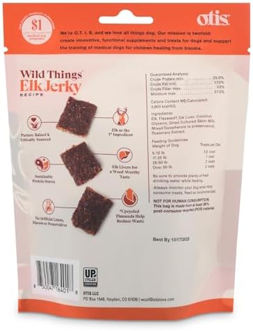 O.T.I.S. Wild Things Elk Recipe Jerky for Dogs – 4 oz – Soft Dog Treats with Elk as 1st Ingredient – GMO-Free – No Hormones or Artificial Colors or Additives