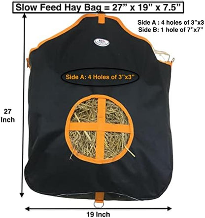 Majestic Ally Nylon Hay Feeder Tote Bag for Horse, Goat, Sheep - Double Sides Open Feed Hole with Faux Leather Ventilated Bottom- Premium Quality -Simulates Grazing - Reduces Waste (Black)
