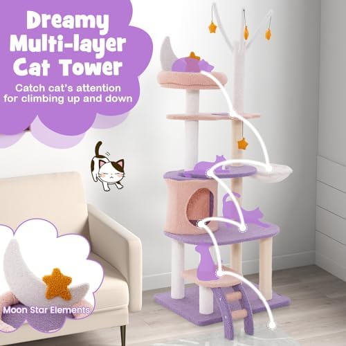 PETSITE Star and Moon-Themed Cat Tree Tower, Multi-Level Modern Cat Tower with Sisal Scratching Posts, Cat Condo, Side Hammock, Hanging Dangling Toys, Cute Cat Tree for Indoor Cats (62 Inch Tall)