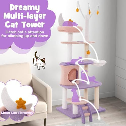 PETSITE Star and Moon-Themed Cat Tree Tower, Multi-Level Modern Cat Tower with Sisal Scratching Posts, Cat Condo, Side Hammock, Hanging Dangling Toys, Cute Cat Tree for Indoor Cats (62 Inch Tall)