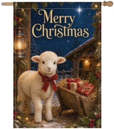 Christmas Lamb House Flag 28x40 Inch Merry Holiday Sheep Bow Wheelbarrow Gifts Stable Lantern Snowy Rustic Farmhouse Outdoor Yard Lawn Porch Double Sided Banner Welcome Decor