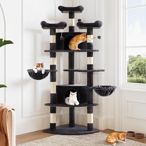 Allewie 73in Fan-Shaped Space-Saving Corner Cat Tree Tower, Dark Grey