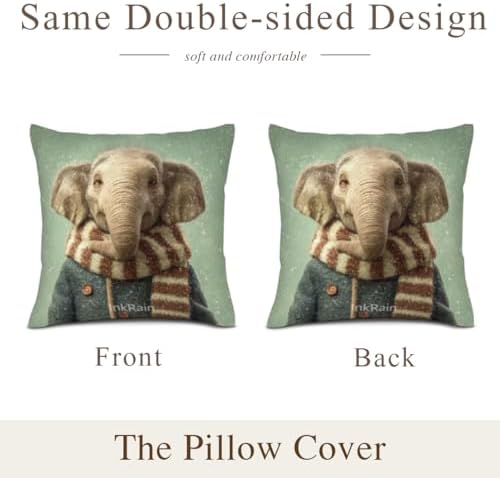 InkRain Winter Animal Cute Elephant Pillow Cover 26x26 Inch Set of 2 Home Decor Decorative Cotton Linen Illustration Pillowcases for Living Room House Sofa