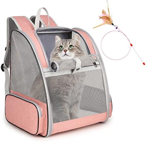 Cat Backpack Carrier, Large Pet Backpack with Kitten Wand Feather Toy for Medium Small Dog Cat Puppy Kitty Bunny up to 15lbs, Ventilated Mesh Dog Travel Carrier for Hiking Walking Outdoor Use (Pink)