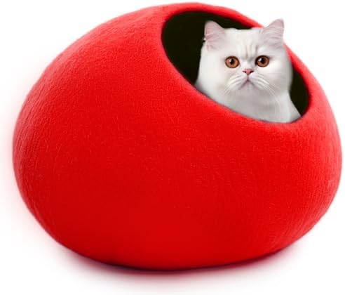 Woolygon Premium Felt Cat Cave Bed – Wool Kitty Beds Handcrafted Kitten Caves Bed for Indoor Cats - Made from Merino Wool, Foldable Cat Hideaway Covered Cat House Pod (Red Plain)