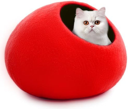 Woolygon Premium Felt Cat Cave Bed – Wool Kitty Beds Handcrafted Kitten Caves Bed for Indoor Cats - Made from Merino Wool, Foldable Cat Hideaway Covered Cat House Pod (Red Plain)