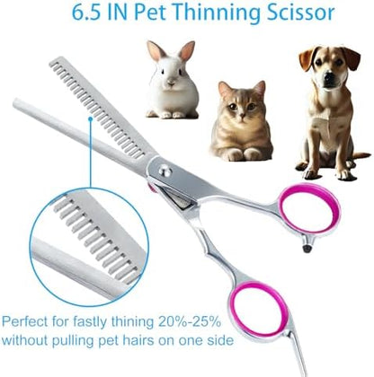 5 in 1 Premium Dog Grooming Scissors, Professional Dog Scissors for Grooming with Safety Round Tips, Lengnoyp Stainless Steel Thinning Shears, Pet Cat Shears for Grooming Kit, Pink