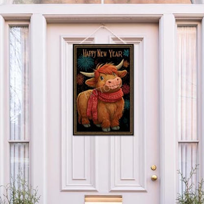 Happy New Year Garden Flag 12x18 Double Sided Vertical Linen Small Fireworks Highland Cow House Flag Welcome Holiday Winter House Outdoor Outside Decorations (27165)