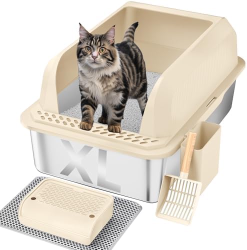 Furkid Stainless Steel Cat Litter Box with Lid, XL Large Litter Box for Big Cats, Enclosed Kitty Litter Pan with High Sides, Anti-Leakage&Non-Stick, Easy to Clean, Included Scoop, Aisle and Mat Beige