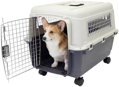 SportPet Airline Compliant MEDIUM 26.5" Travel Dog Kennel-Durable Plastic Airline Pet Carrier w/Removable Wheels & Food Bowls, Collapsible Indoor/Outdoor Dog Kennel, Dogs up to 23"L & 15"H-Cream/Gray