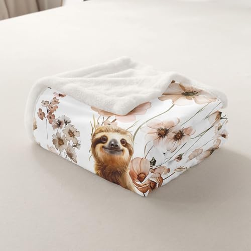 Erosebridal Kids Sloth Blanket Throw 90"x90",Mushroom Sloth Blankets and Throws for Girls Women,Kawaii Animal Print Fleece Blanket Country Cottage Style Floral Sherpa Blanket for Bed Couch Decor