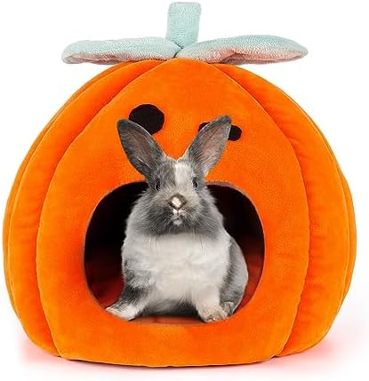 YUEPET Rabbit Cave Bed, Warm Bunny Hideout, Guinea Pig Bed, Pumpkin, Size M