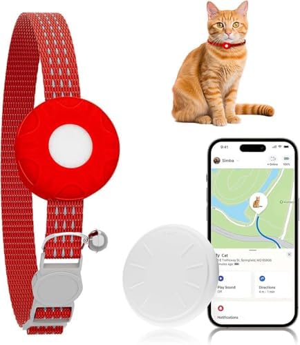 GPS Tracker for Cats, Cat Tracker, Compatible with Apple Find My App (Only iOS), No Monthly Fee, Waterproof, Breakaway Collar Included (White Tracker, Red Cat Collar)