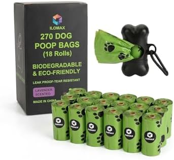 ILOMAX Dog Poop Bags with Dispenser, 270 Lavender Scented Waste Bags, Extra Thick Leak-Proof, 38% Plant-Based, Fits All Standard Holders – 18 Rolls