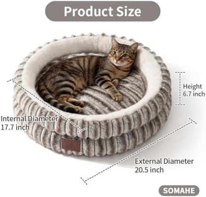 SOMAHE Cat Bed for Indoor Cats, Washable Round Plush, 20x20 Taupe Gray